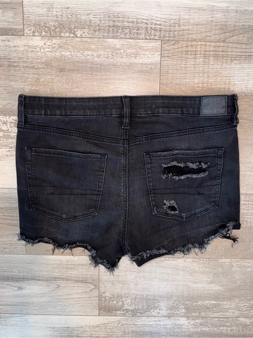 American Eagle Next Level Stretch Black Distressed Floral Eyelet Denim Shorts - Picture 7 of 10